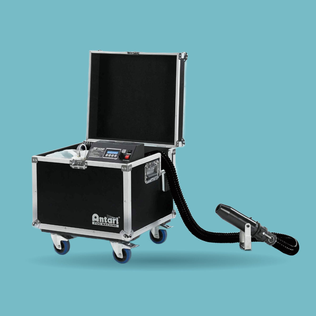 Antari S-500 snow machine in a road case with a 10 meter output hose